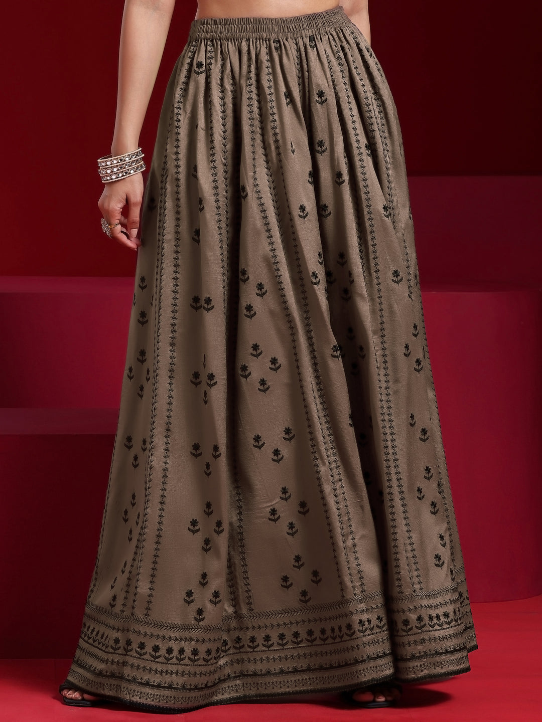 Libas Art Brown Embroidered Silk Blend A-Line Kurta With Sharara & Dupatta