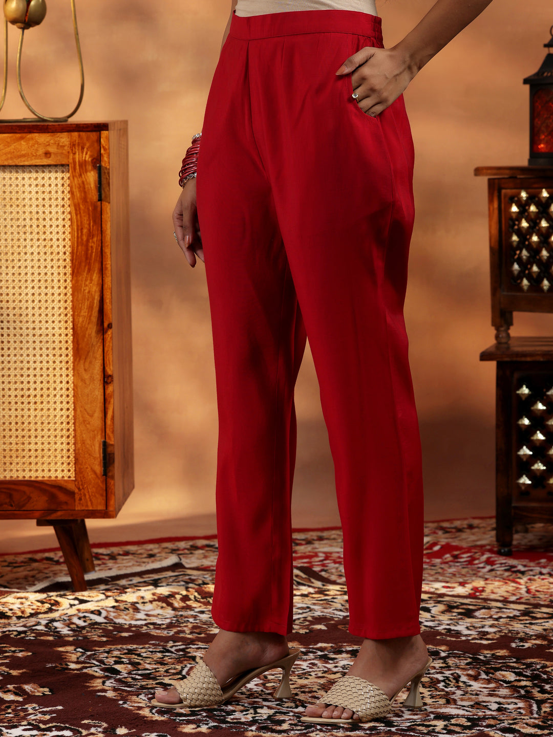 Red Embroidered Silk Blend Straight Suit With Dupatta