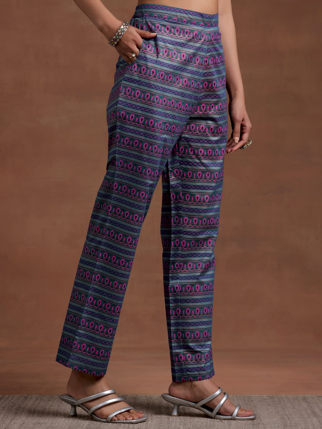 Blue Printed Silk Blend A-Line Kurta With Palazzos & Dupatta