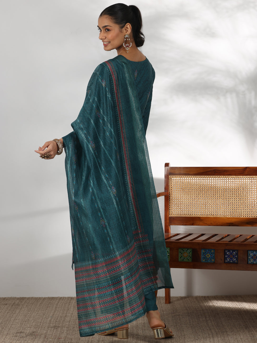 Teal Green Printed Silk Blend Straight Suit With Dupatta