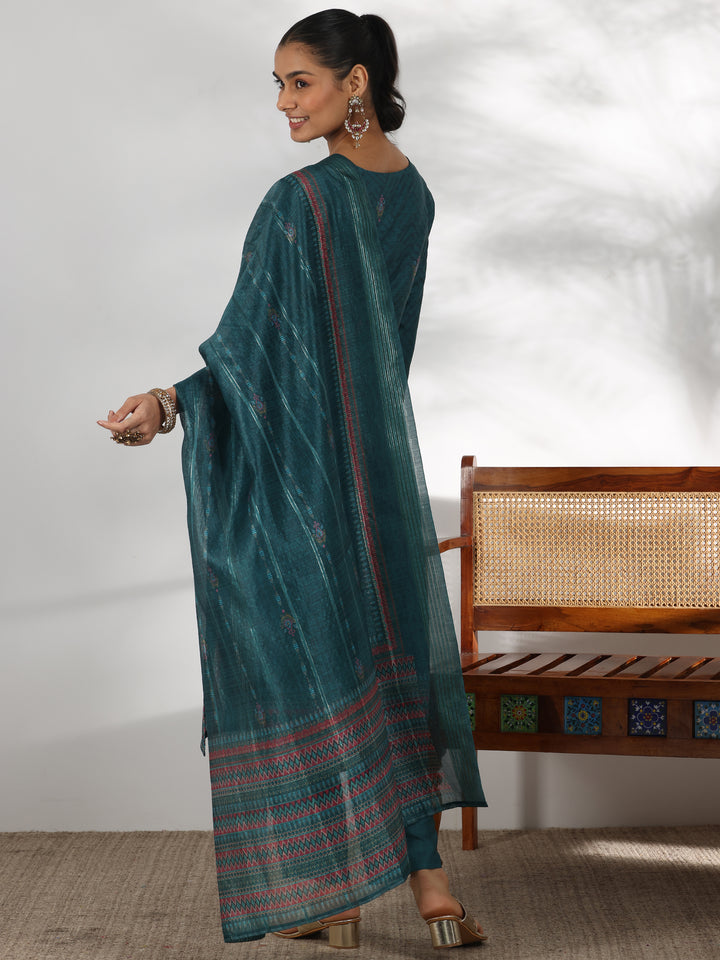 Teal Green Printed Silk Blend Straight Suit With Dupatta