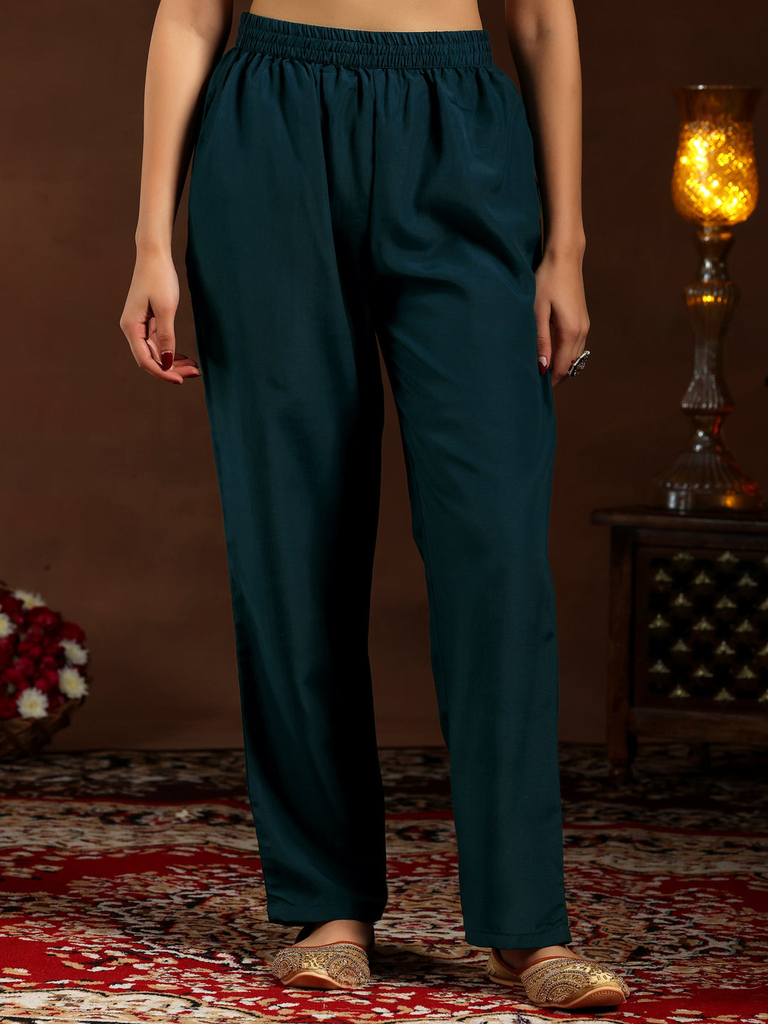 Teal Embroidered Silk Blend Straight Suit With Dupatta