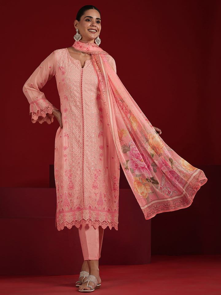 Libas Art Peach Embroidered Organza Straight Suit Set With Dupatta