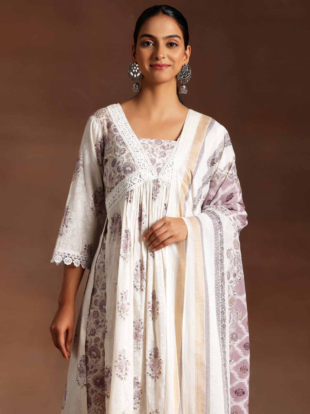 Saundarya White Printed Cotton A-Line Kurta With Salwar & Dupatta