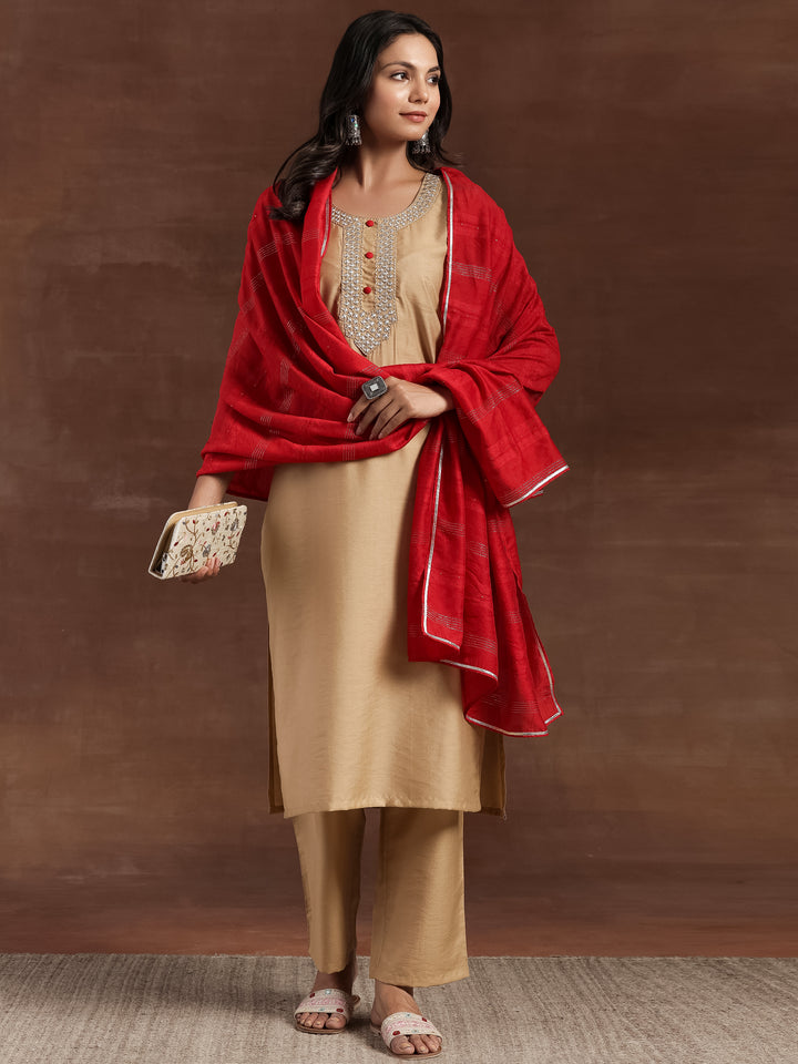 Beige Yoke Design Silk Blend Straight Kurta With Trousers & Dupatta