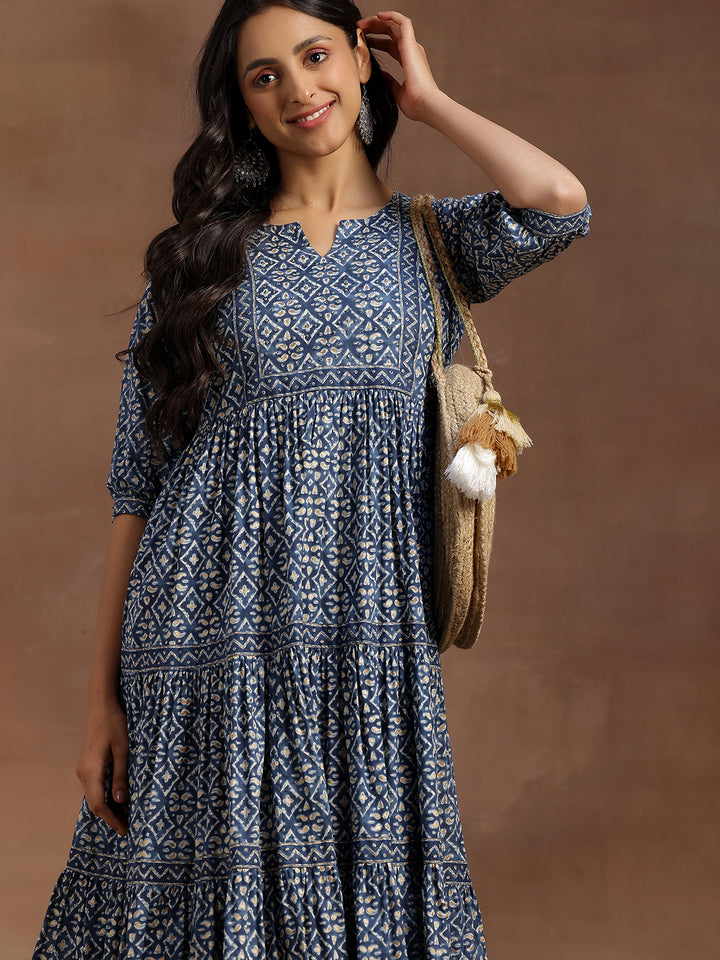 Blue Printed Cotton A-Line Dress