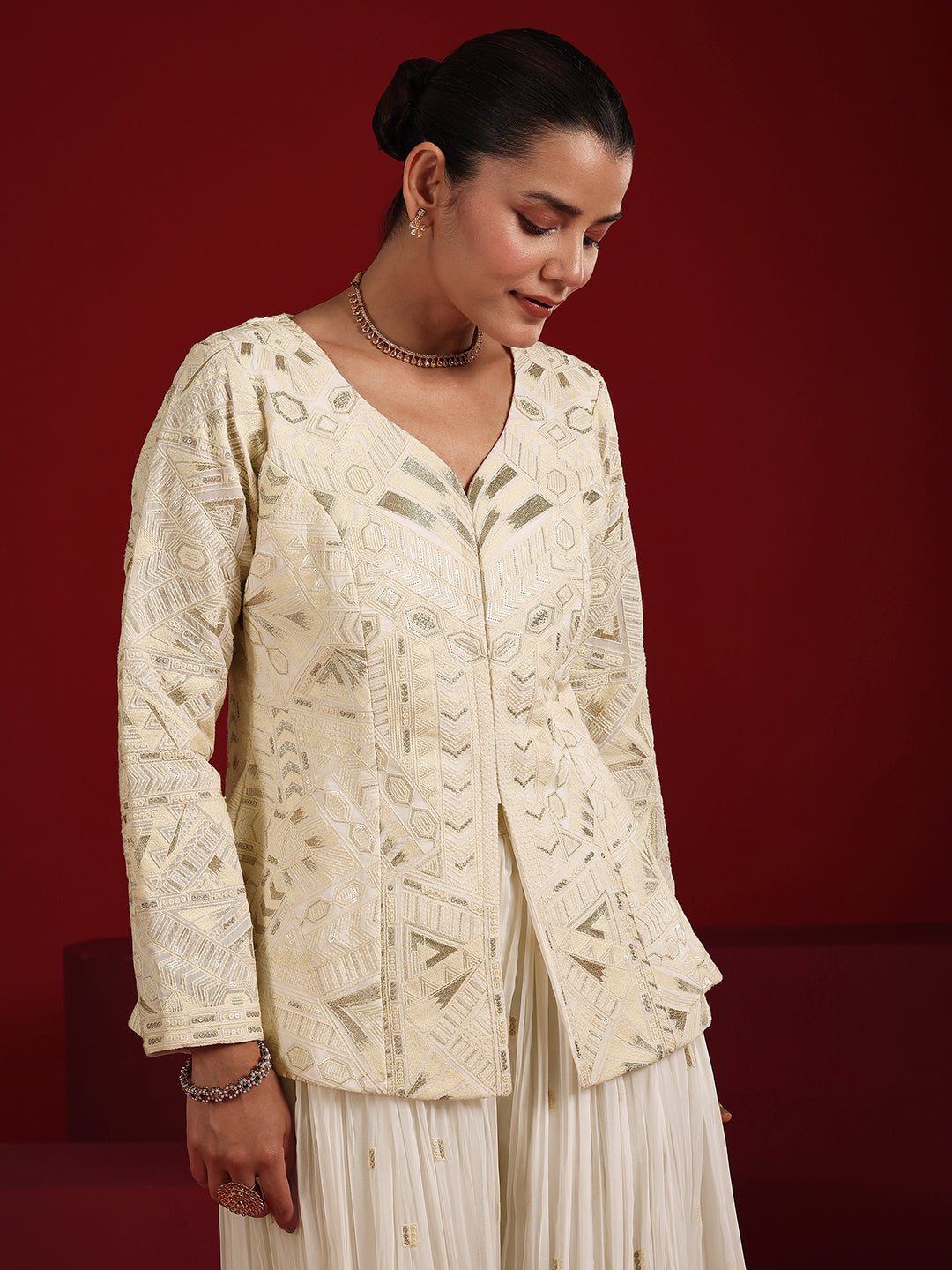 Libas Art Off White Embroidered Georgette A-Line Suit Set With Dupatta