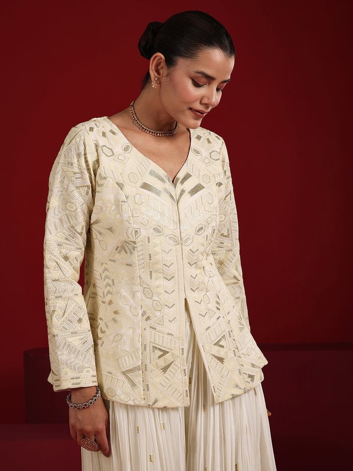 Libas Art Off White Embroidered Georgette A-Line Suit Set With Dupatta