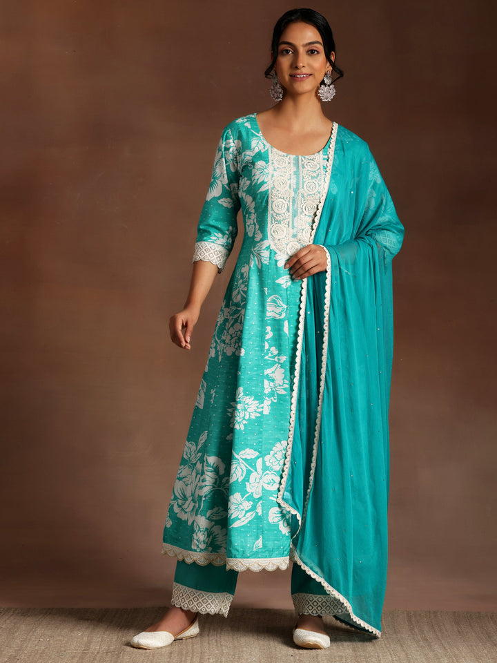 Mahira  Green Printed Silk Blend A-Line Kurta With Trousers & Dupatta
