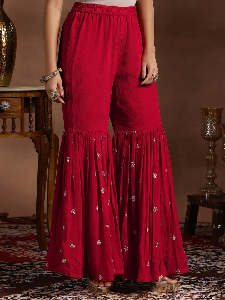 Red Embroidered Silk Blend Straight Suit With Dupatta
