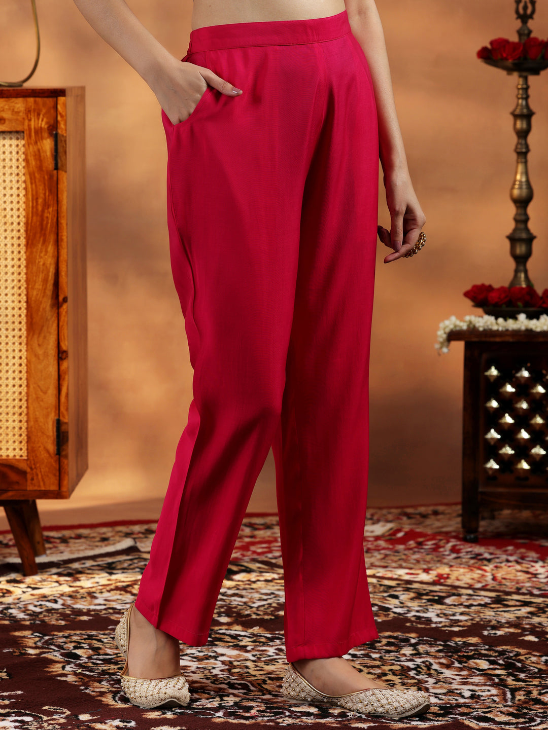 Pink Embroidered Silk Blend Straight Suit With Dupatta