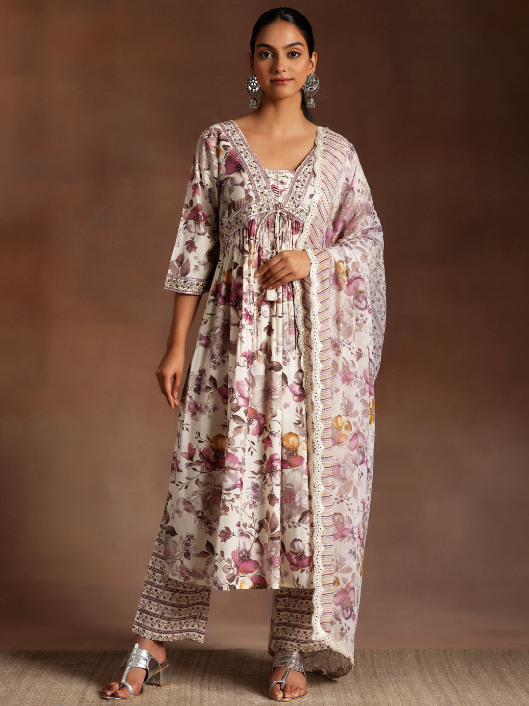 Off White Printed Silk Blend A-Line Kurta With Palazzos & Dupatta