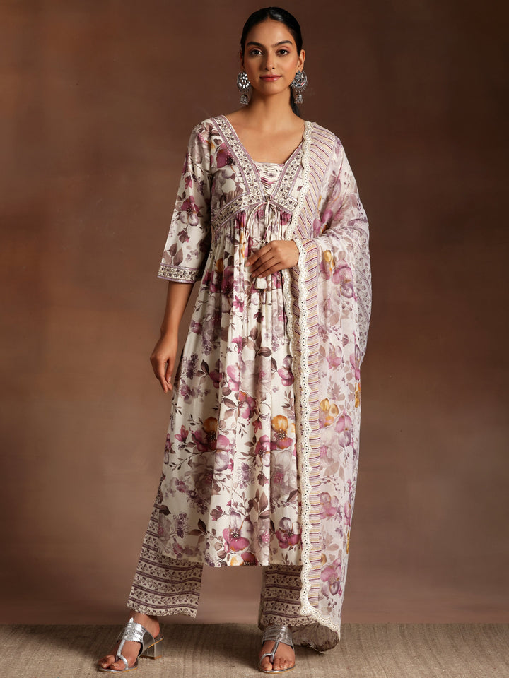 Off White Printed Silk Blend A-Line Kurta With Palazzos & Dupatta
