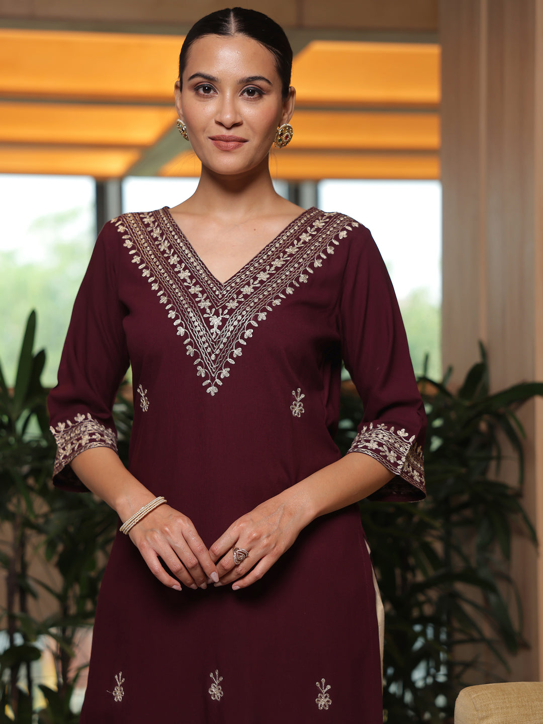 Wine Embroidered Rayon Straight Kurta