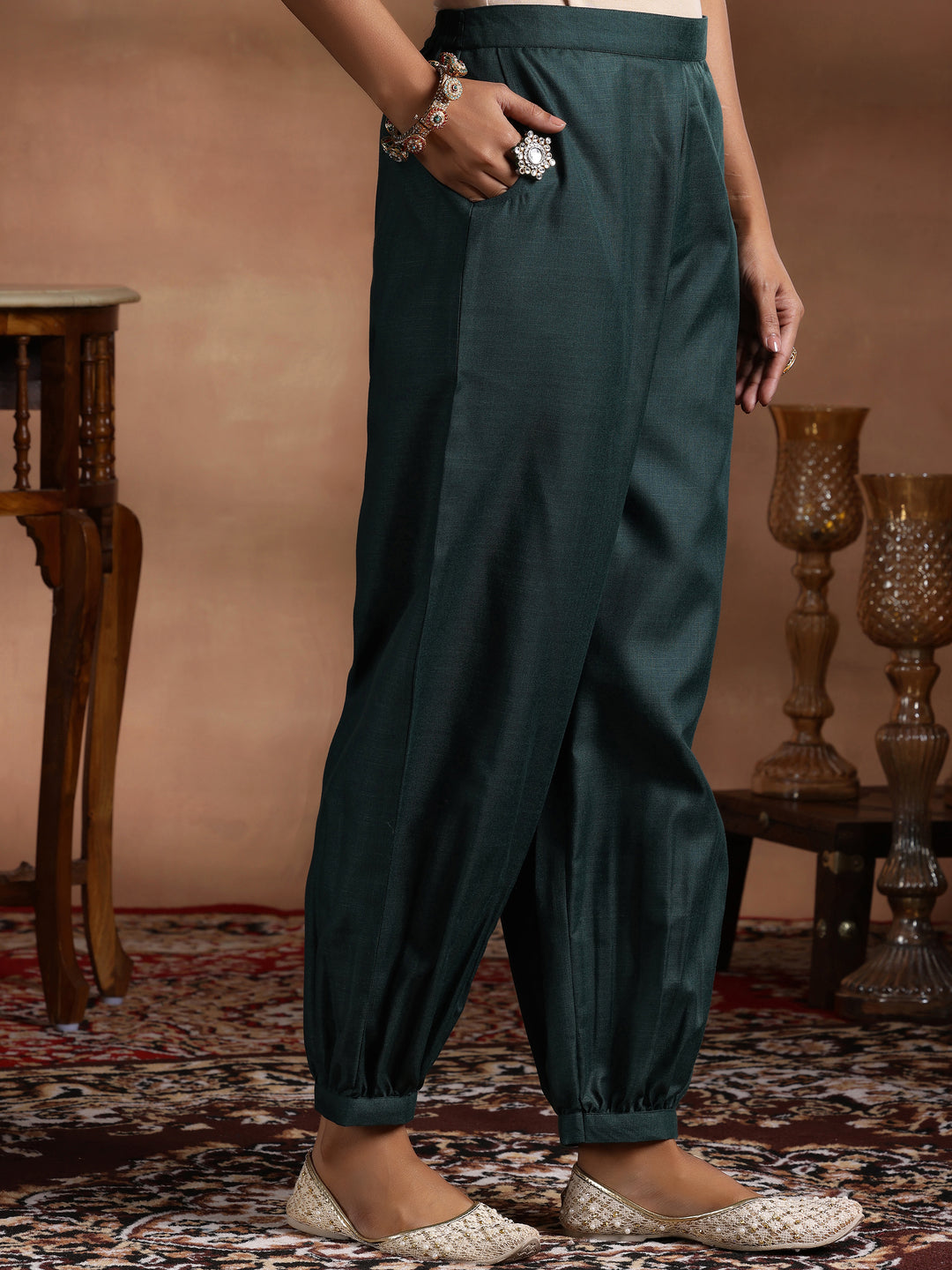 Green Solid Cotton Blend Straight Suit With Dupatta