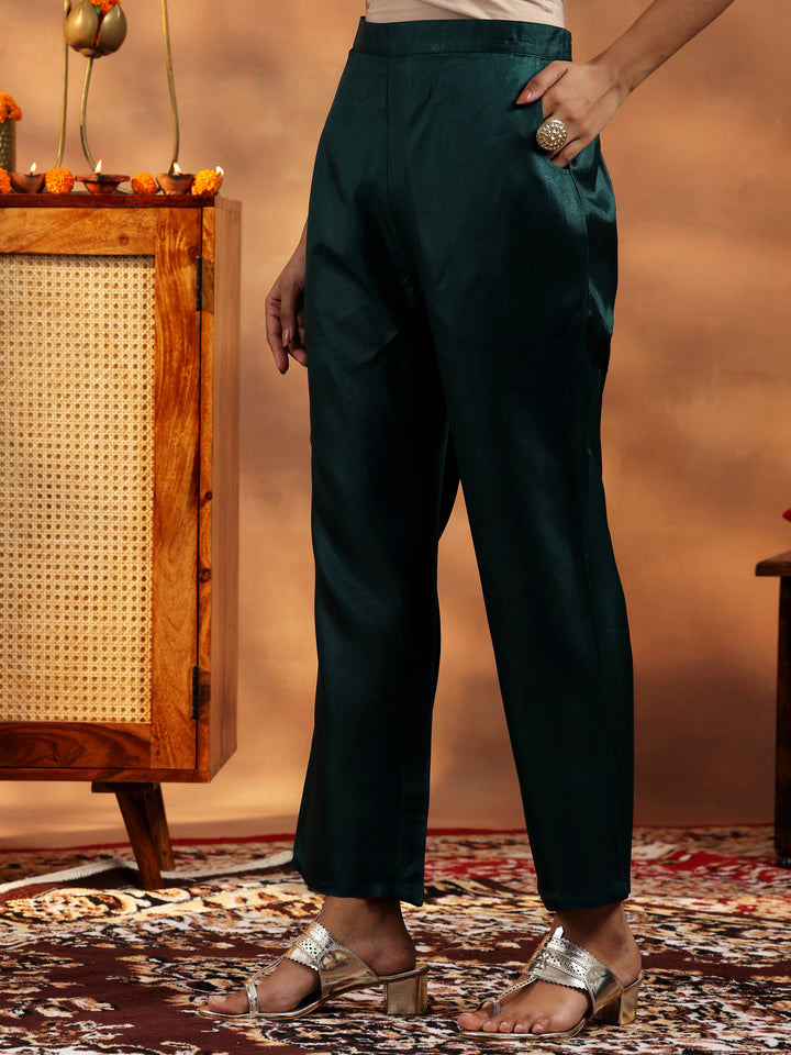 Green Embroidered Silk Blend A-Line Kurta With Trousers & Dupatta