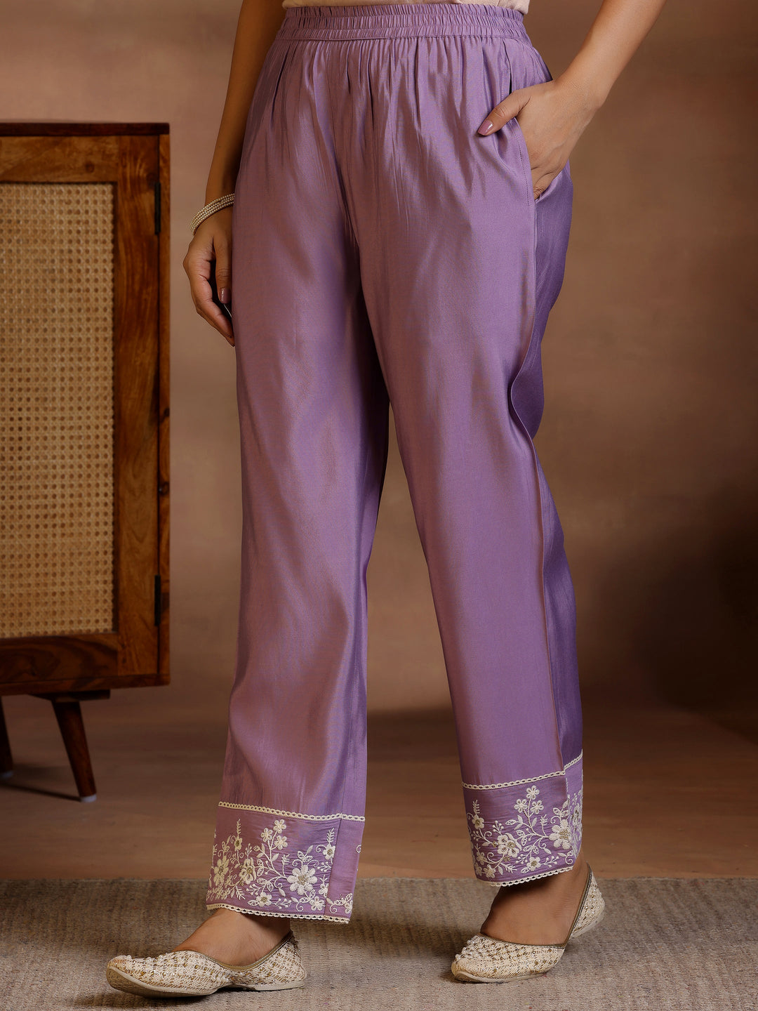 Mauve Embroidered Silk Blend Straight Suit With Dupatta