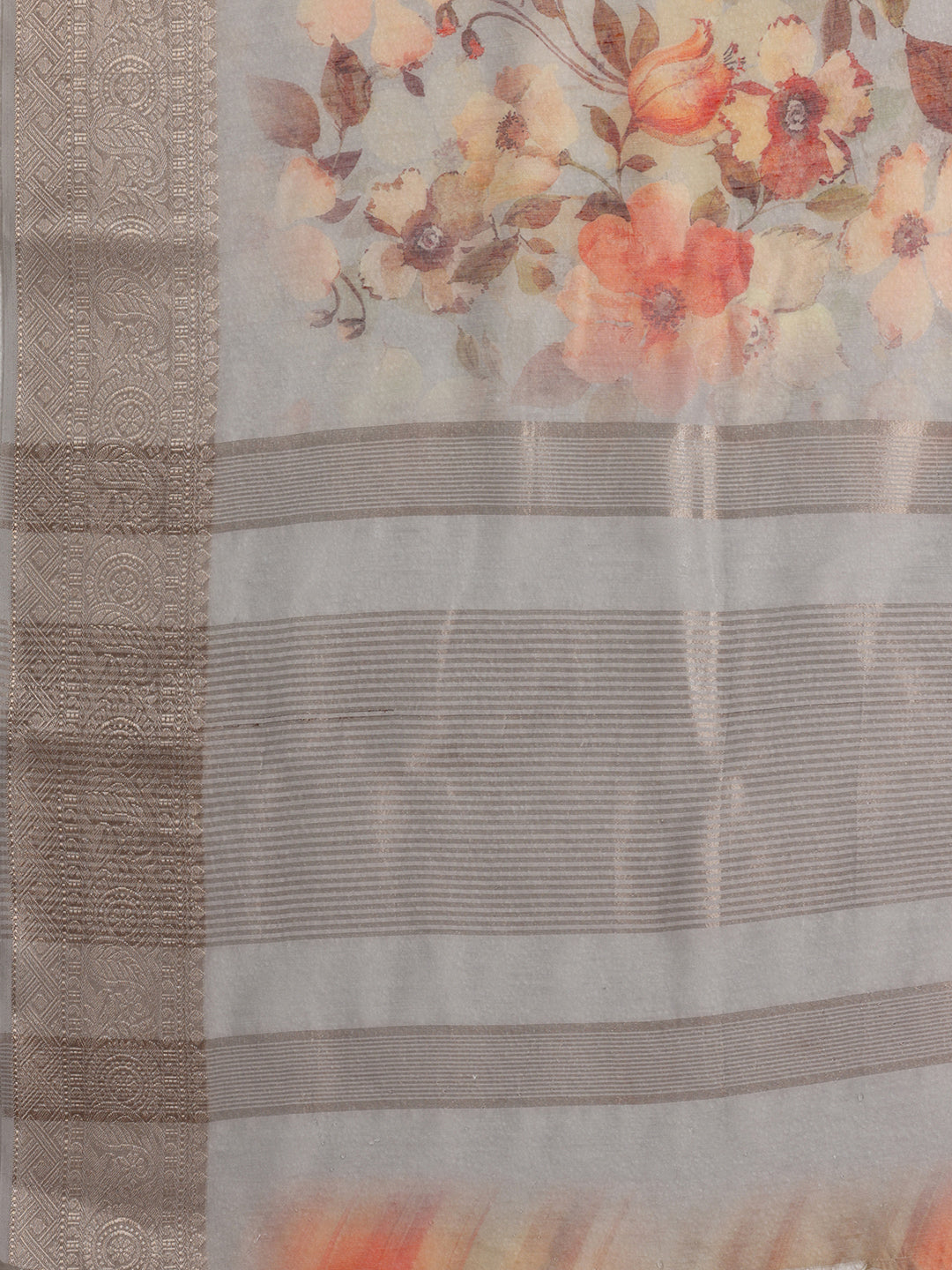 Grey Printed Silk Blend Saree With Unstitched Blouse Piece