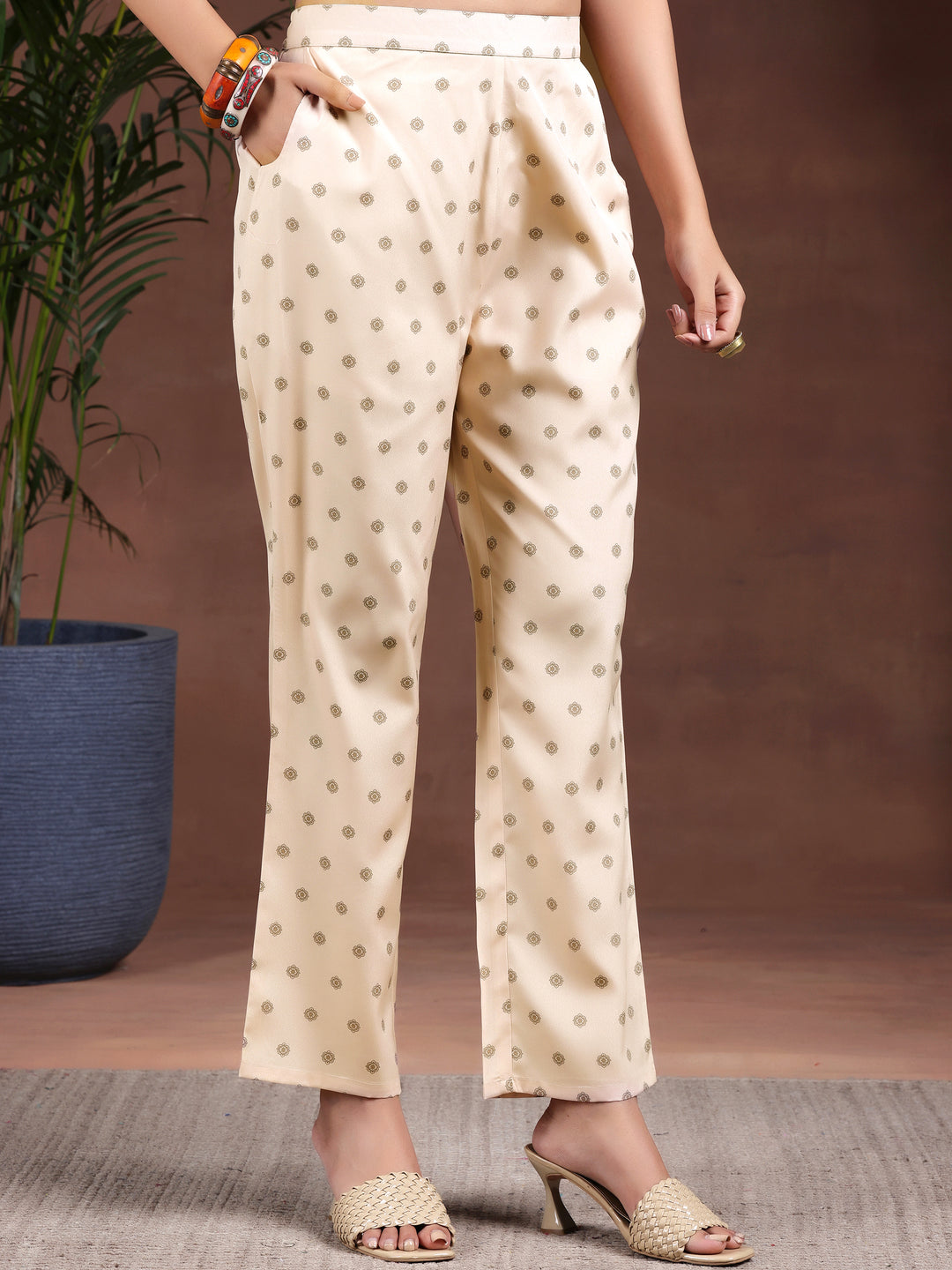 Beige Printed Poly Crepe Straight Kurta Set