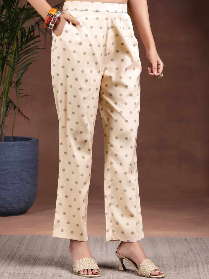 Beige Printed Poly Crepe Straight Kurta Set