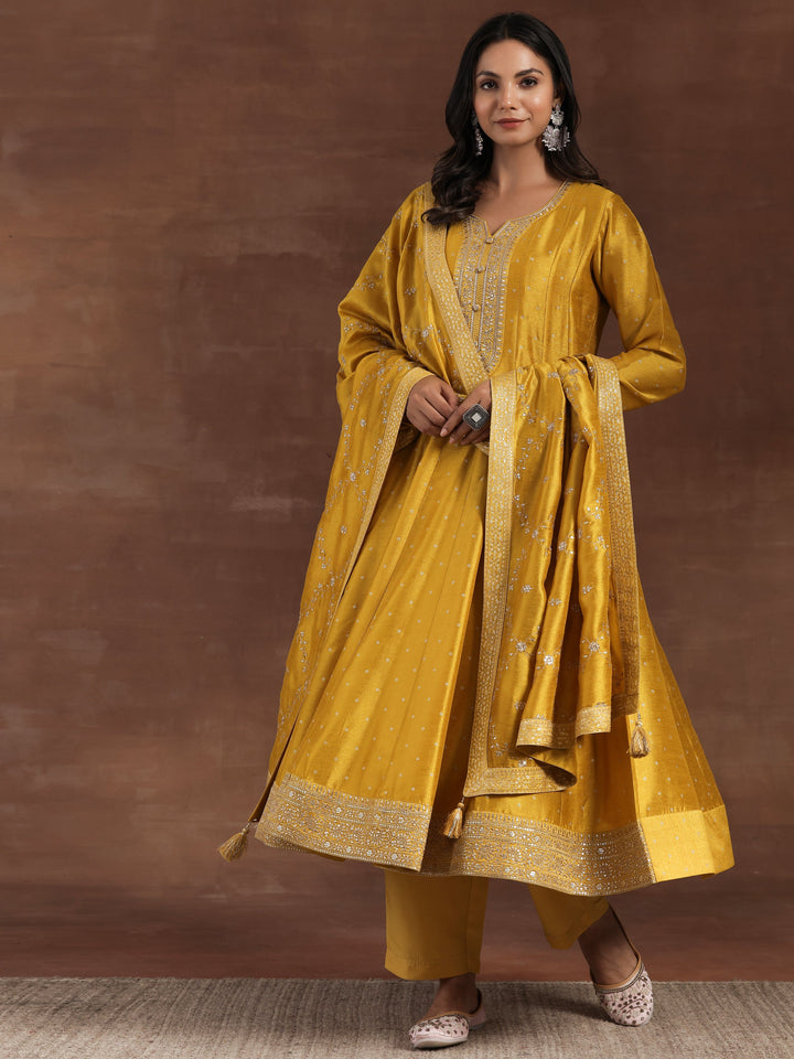 Mustard Embroidered Silk Blend A-Line Kurta With Palazzos & Dupatta