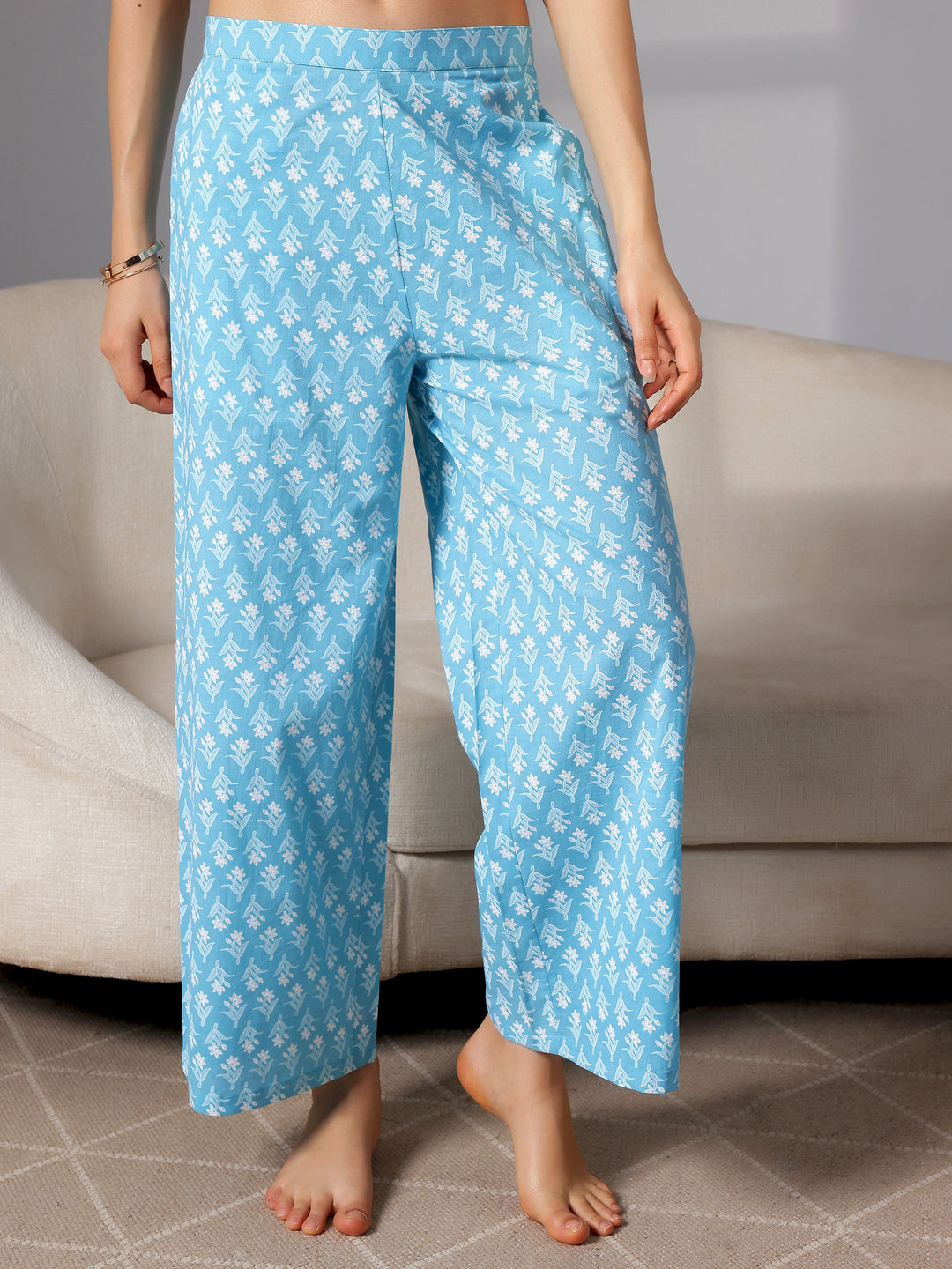Blue Printed Cotton Night Suits