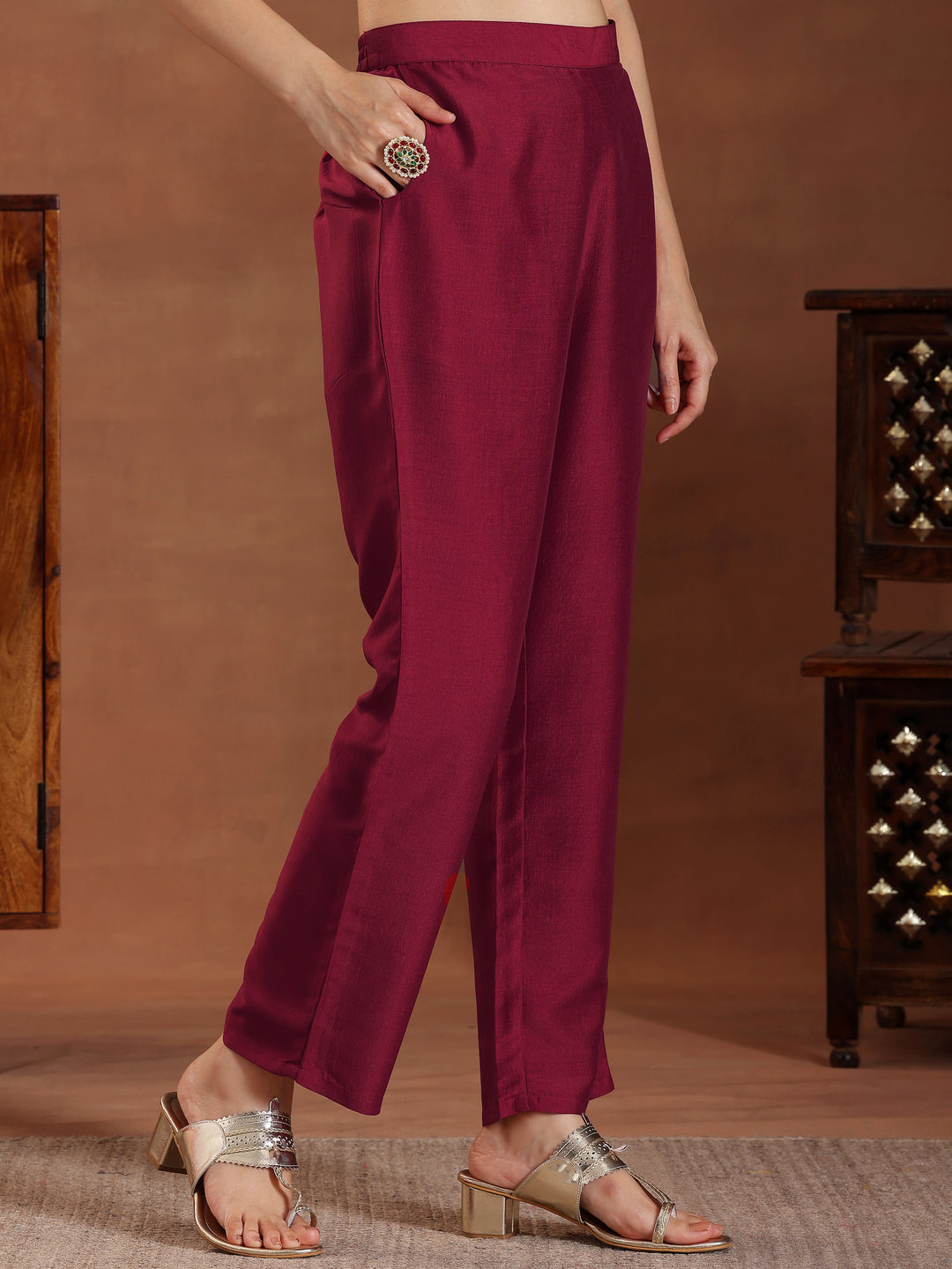 Red Printed Silk Blend Straight Suit With Dupatta