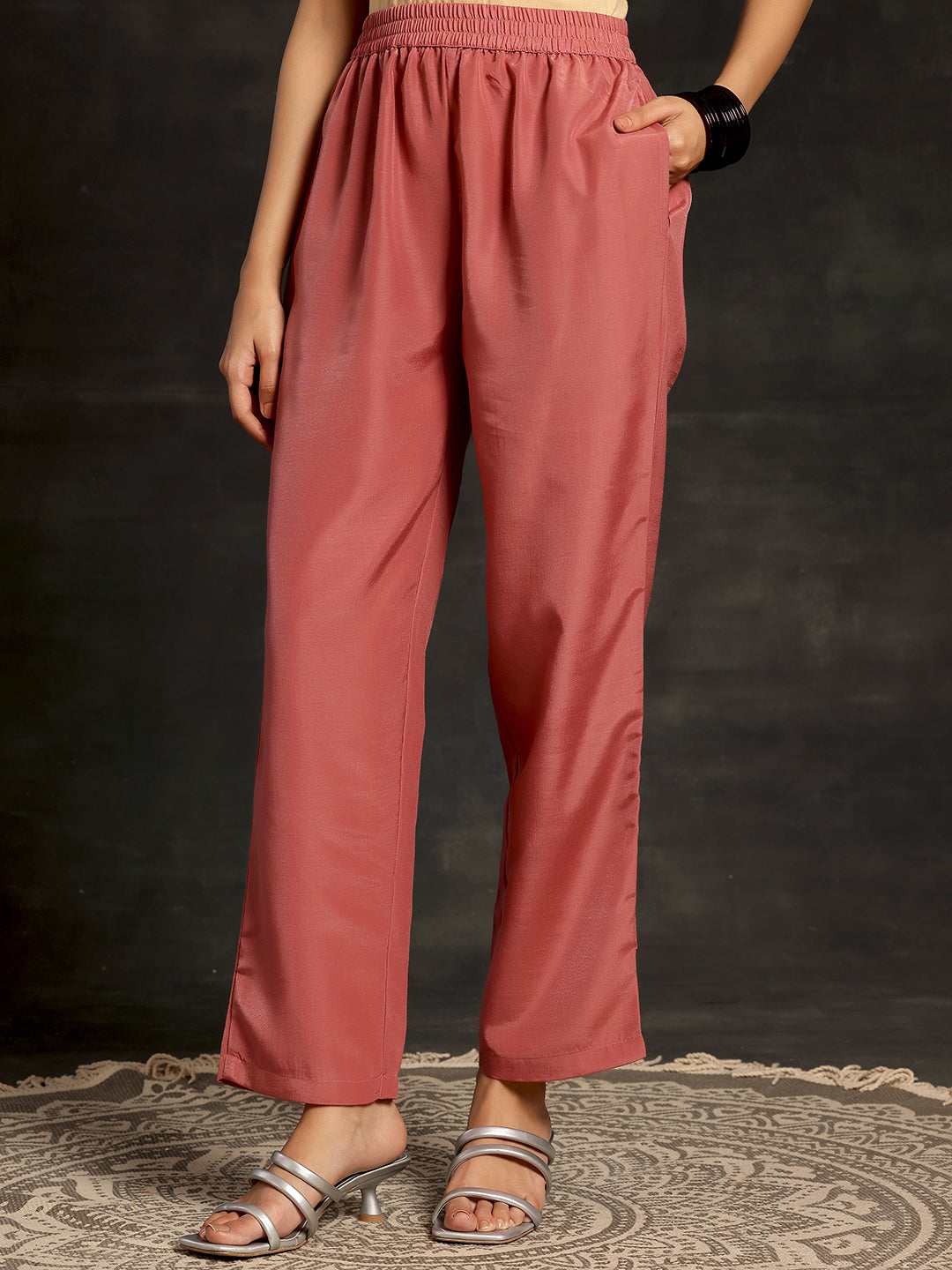 Pink Woven Design Silk Blend Straight Suit With Dupatta