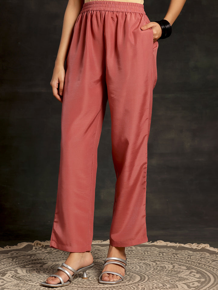 Pink Woven Design Silk Blend Straight Suit With Dupatta