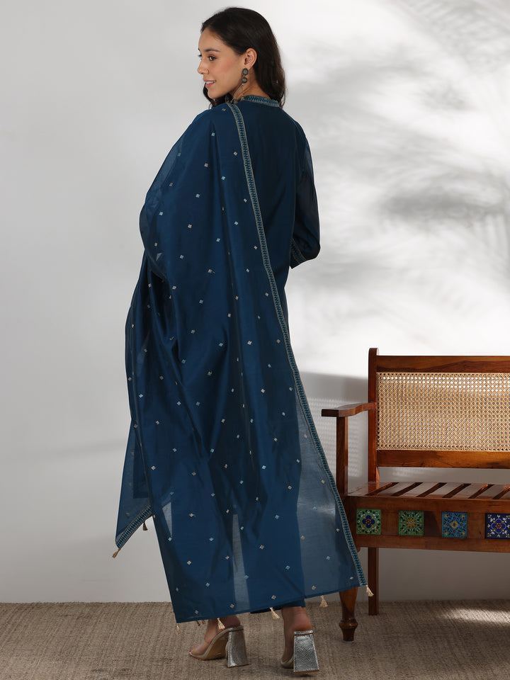 Teal Woven Design Chanderi Silk Straight Suit With Dupatta