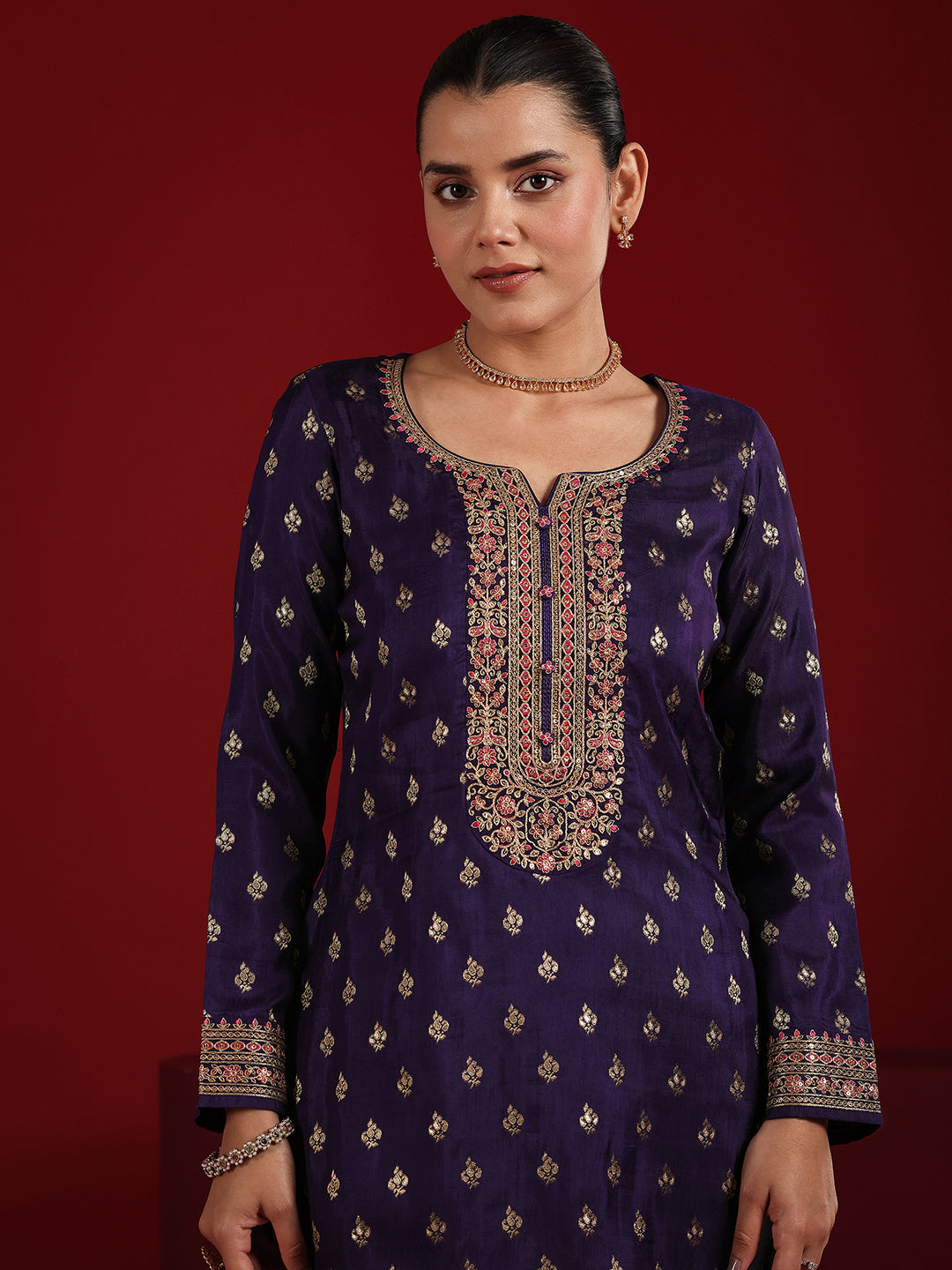 Libas Art Purple Embroidered Silk Blend Straight Suit Set With Dupatta