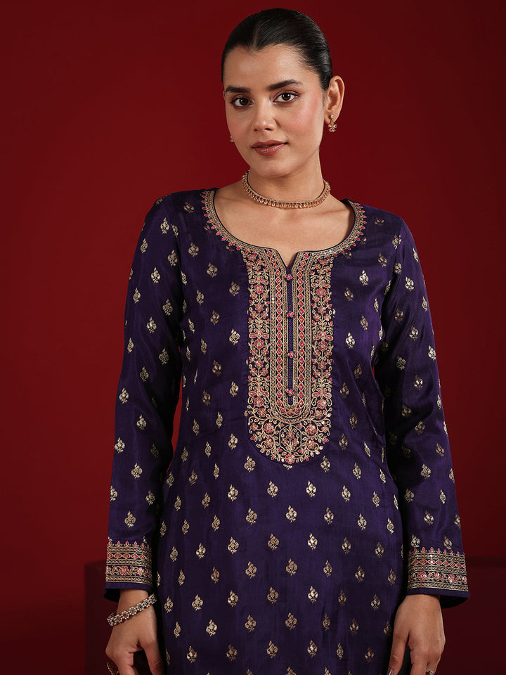 Libas Art Purple Embroidered Silk Blend Straight Suit Set With Dupatta