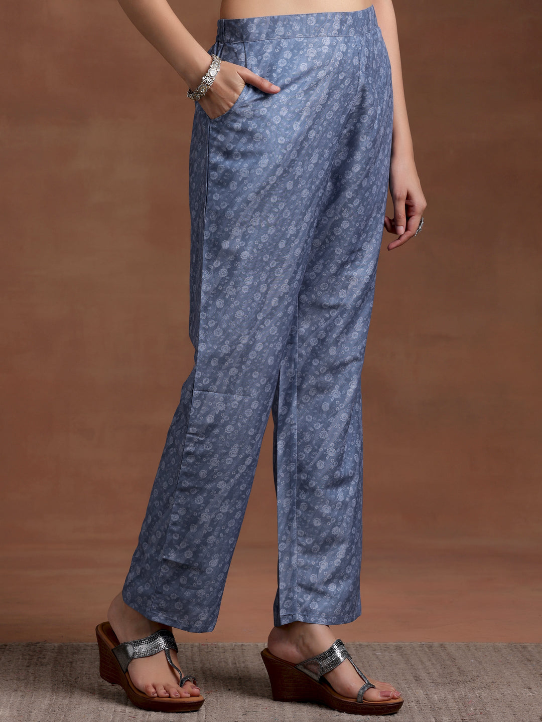 Blue Embroidered Silk Blend Straight Suit With Dupatta