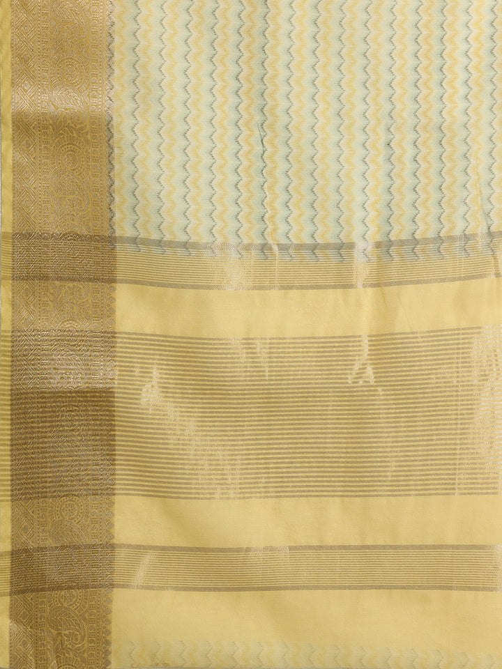 Yellow Printed Silk Blend Saree With Unstitched Blouse Piece