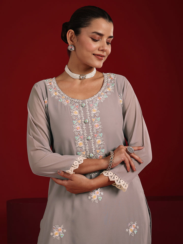 Libas Art Mauve Embroidered Georgette Straight Suit Set With Dupatta