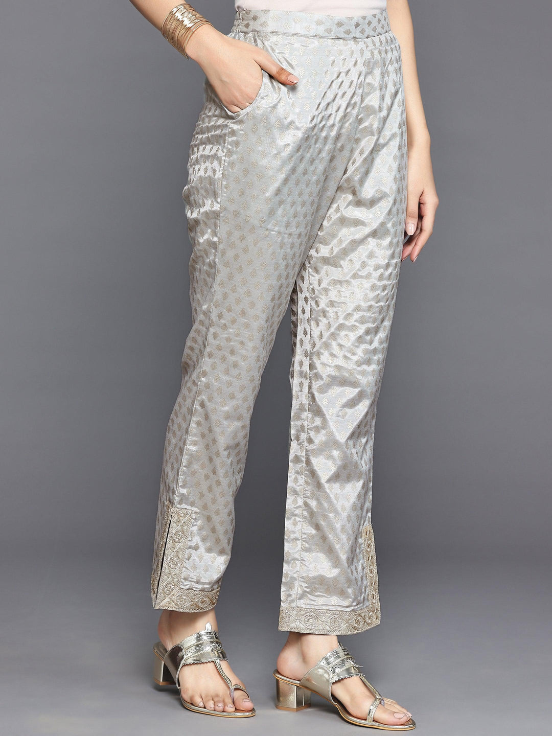 Grey Printed Silk Blend Straight Kurta Set