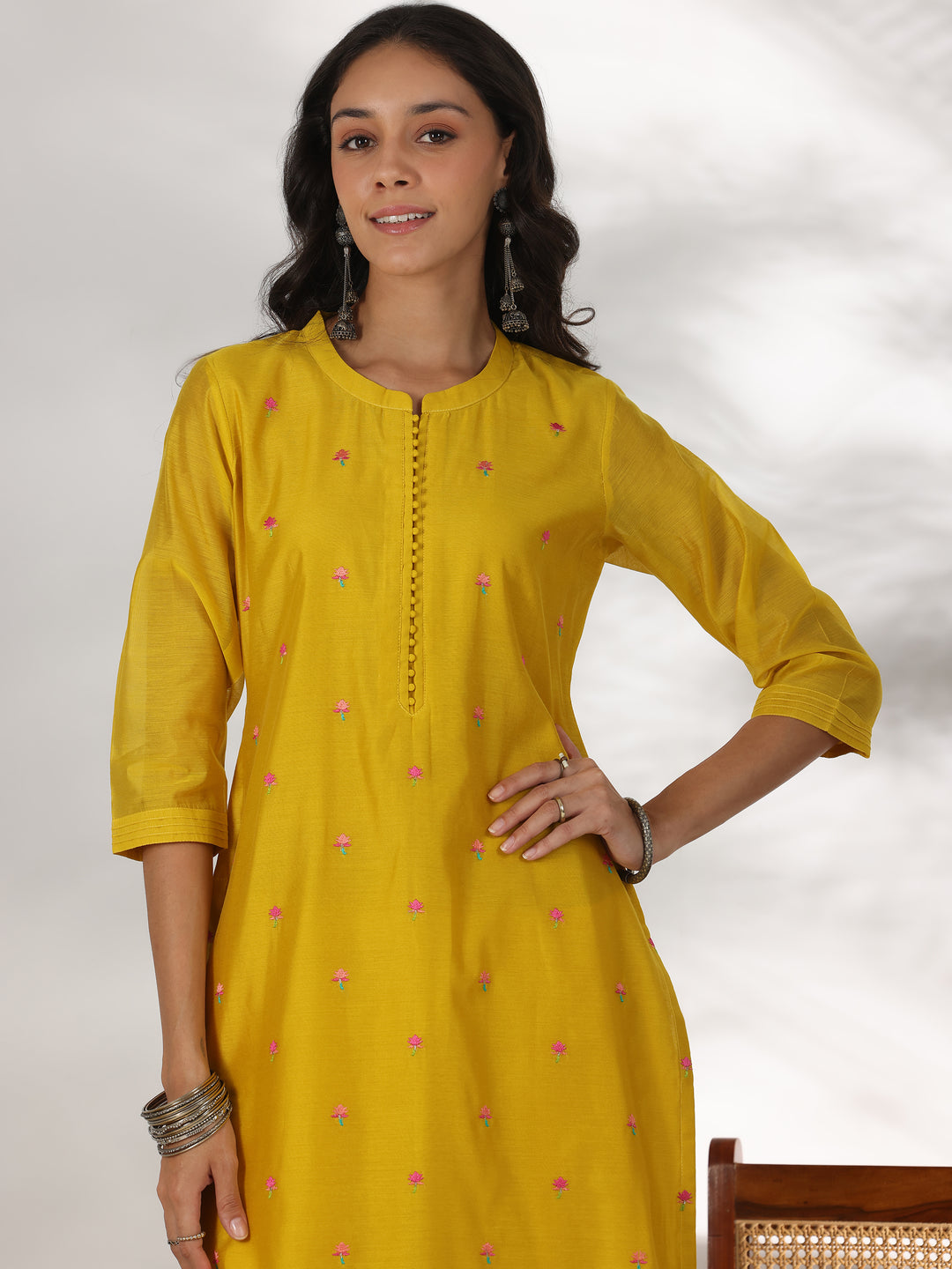 Yellow Embroidered Chanderi Silk Straight Suit With Dupatta