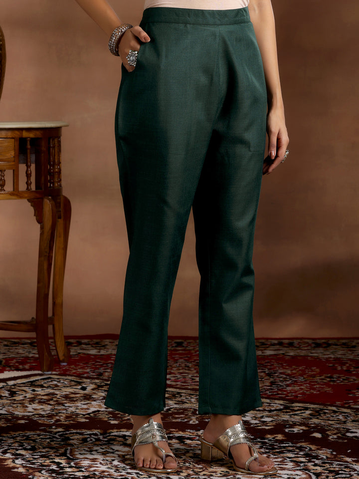 Green Solid Cotton Blend Straight Suit With Dupatta