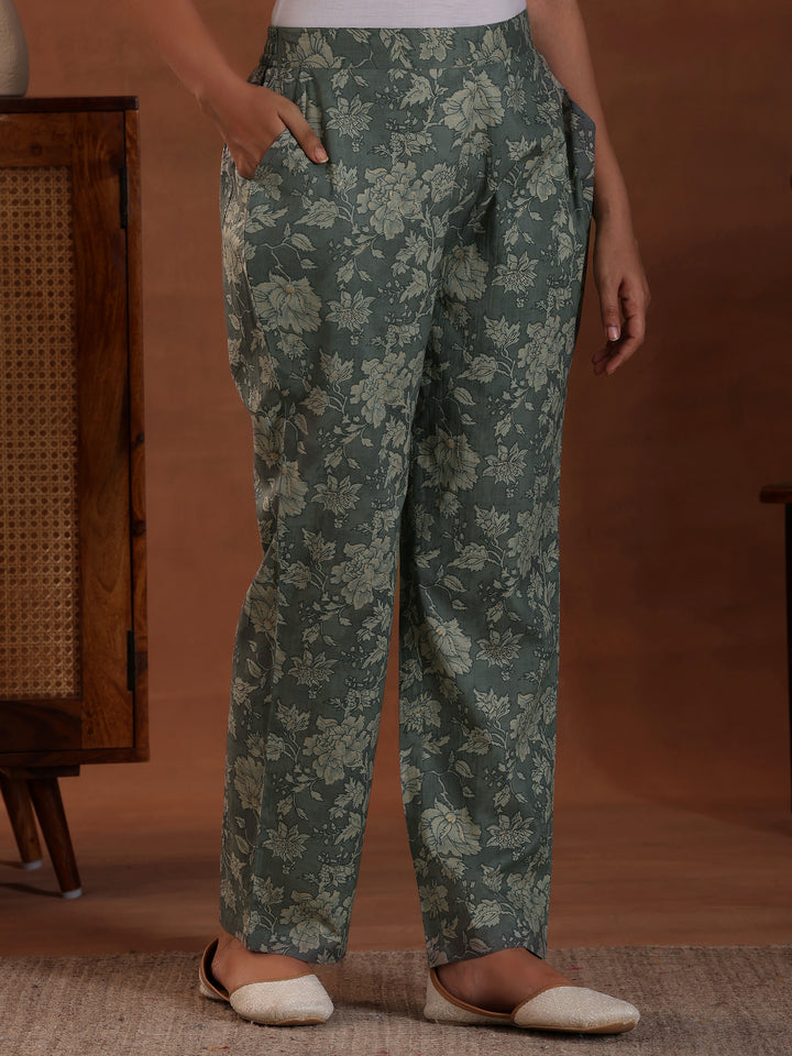 Grey Printed Pure Cotton A-Line Kurta With Trousers