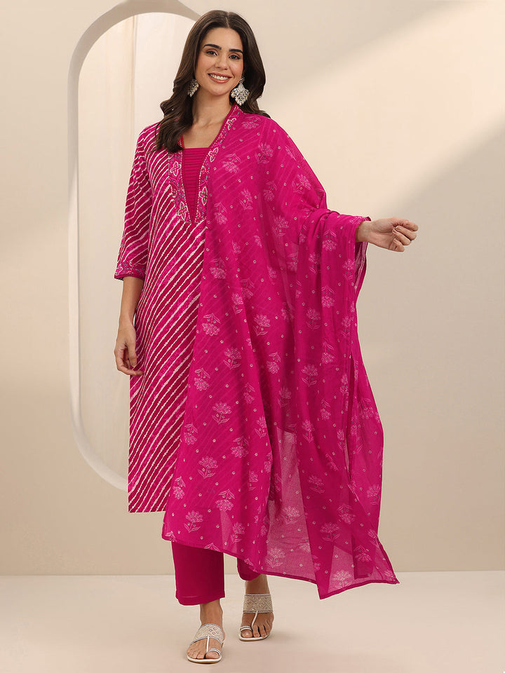 Pink Printed Cotton Straight Suit Set With Dupatta