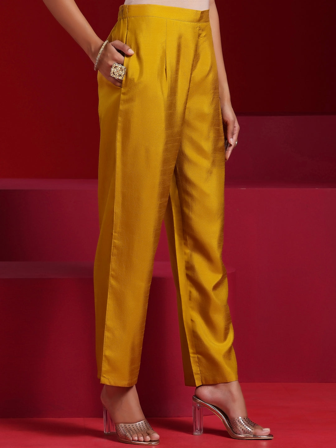 Libas Art Mustard Embroidered Silk Blend A-Line Kurta With Sharara & Dupatta