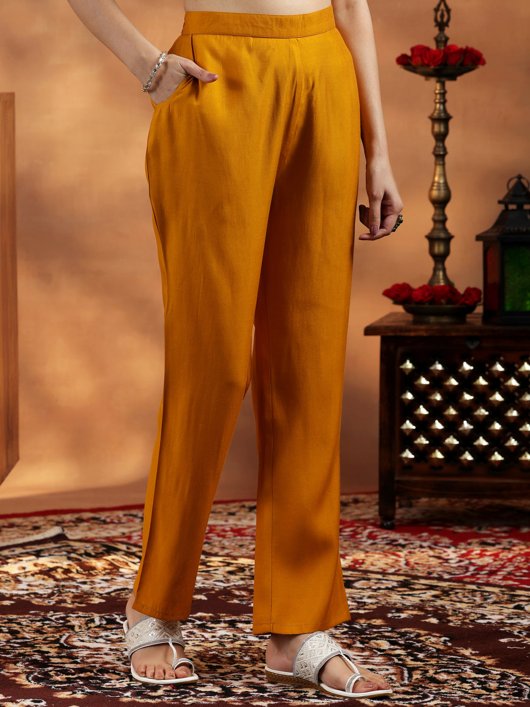 Mustard Embroidered Silk Blend A-Line Kurta With Trousers & Dupatta