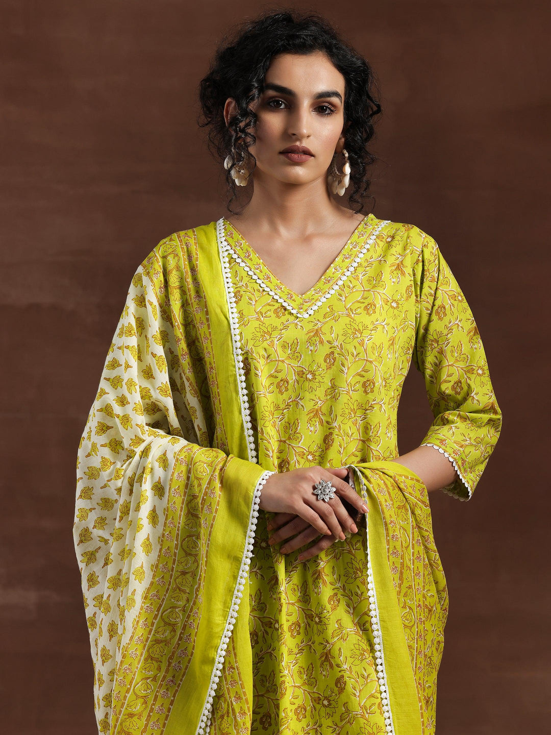 Green Printed Cotton Straight Suit With Dupatta