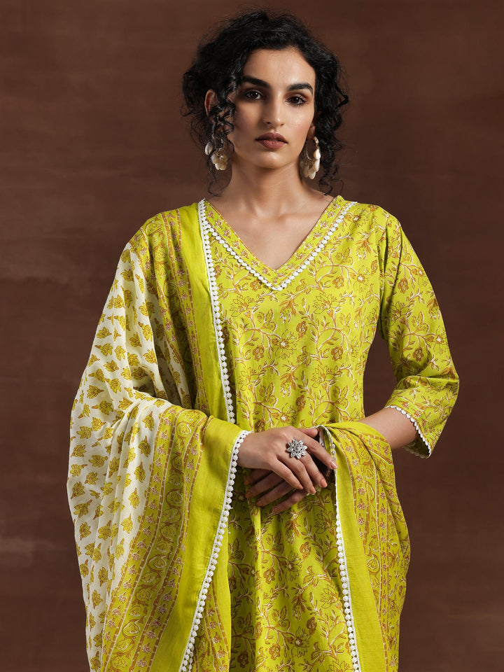Green Printed Cotton Straight Suit With Dupatta