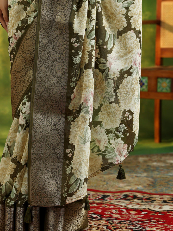 Olive Printed Silk Blend Saree With Unstitched Blouse Piece