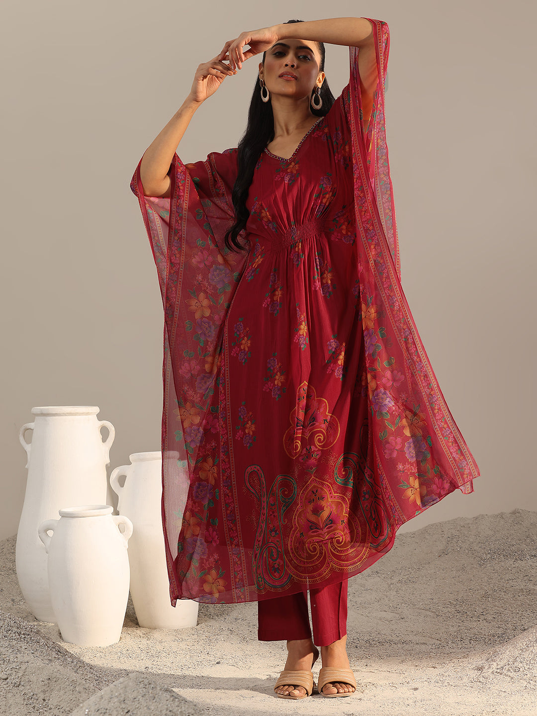 Maroon Printed Chiffon A-line Kurta Set