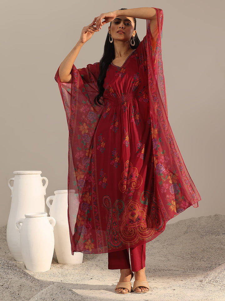 Maroon Printed Chiffon A-line Kurta Set