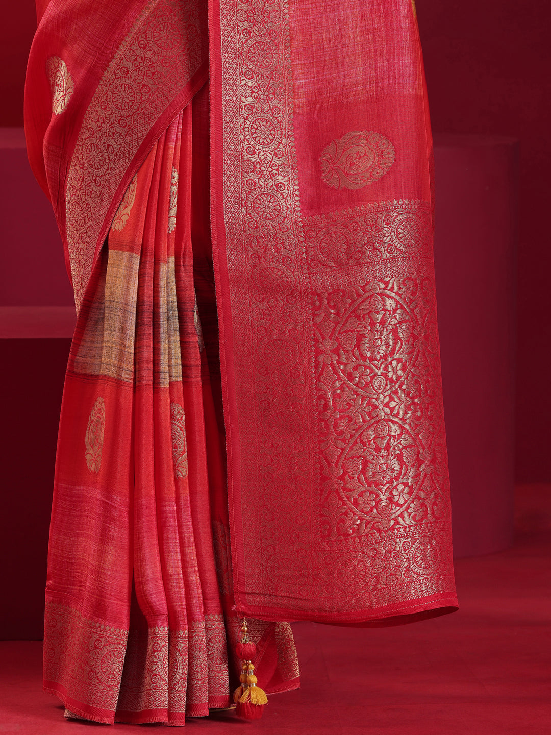 Libas Art Red Orange Woven Design Satin Saree With Unstitched  Blouse Piece