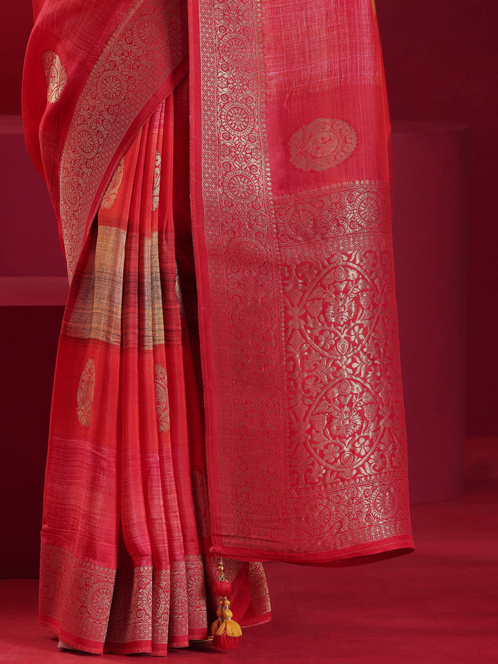 Libas Art Red Orange Woven Design Satin Saree With Unstitched  Blouse Piece