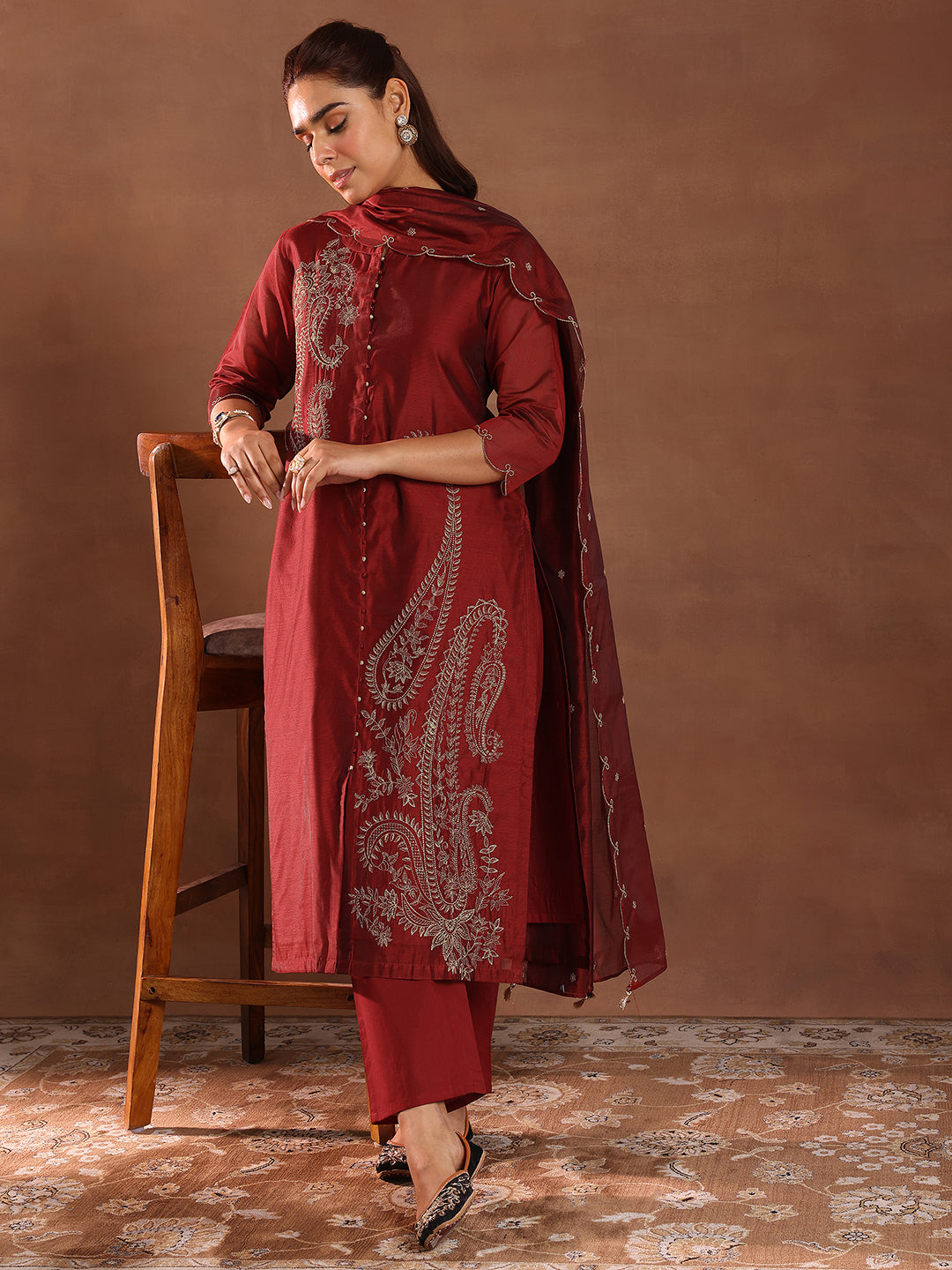 Maroon Embroidered Chanderi Silk Straight Suit With Dupatta